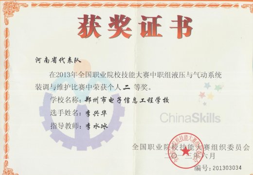 李兴华同学荣获全国技能大赛液压与气动系统装调与维护项目二等奖